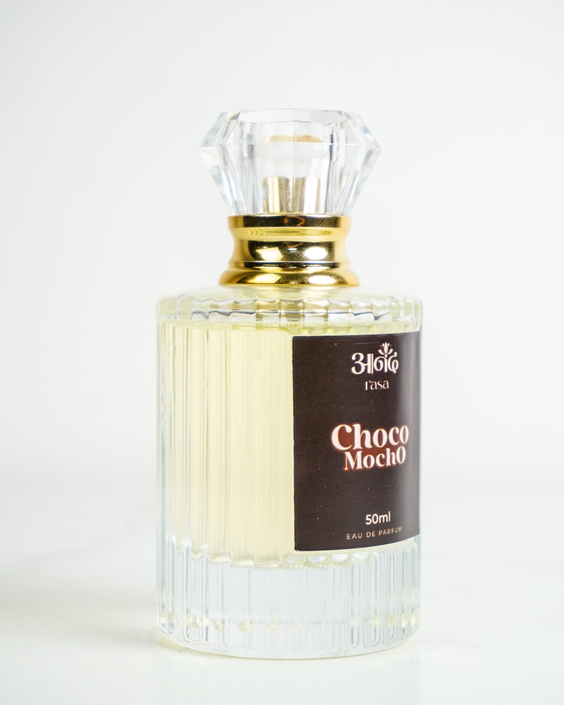 A 50ml bottle of 34010 LINE Choco Mocro perfume, featuring a ribbed clear glass bottle, elegant gold cap, and dark brown Choco Mocro label, photographed on a clean white background.
