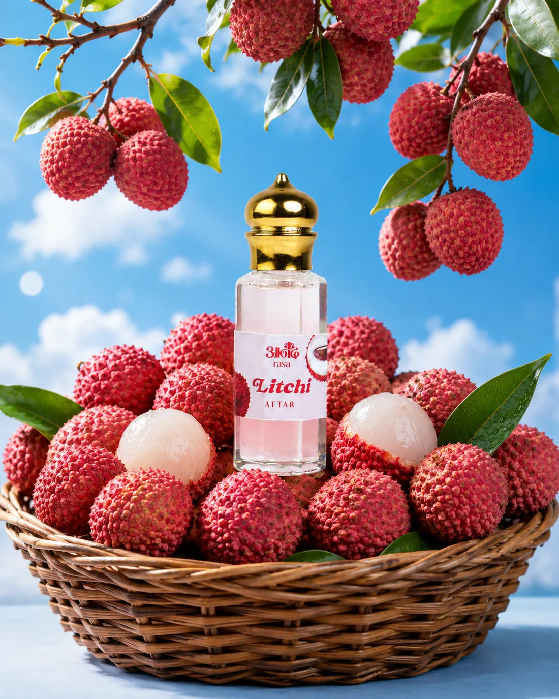 Lychee Attar perfume bottle presented with fresh lychee fruits and peeled lychee halves, creating a vibrant fruity fragrance product image on a soft pink background.