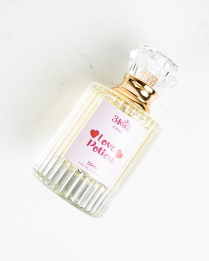 3180 Love Potion 50ml perfume bottle with pink label, gold collar and clear faceted cap - handcrafted attar - Anandrasa