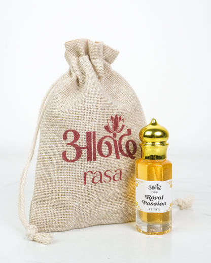 Rasa Royal Passion Attar perfume bottle with a natural jute drawstring pouch - handcrafted attar - Anandrasa