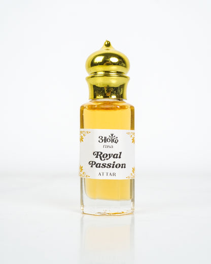 Anand Rosa Royal Passion Attar perfume oil in a clear glass bottle with a gold cap on a white background - handcrafted attar - Anandrasa