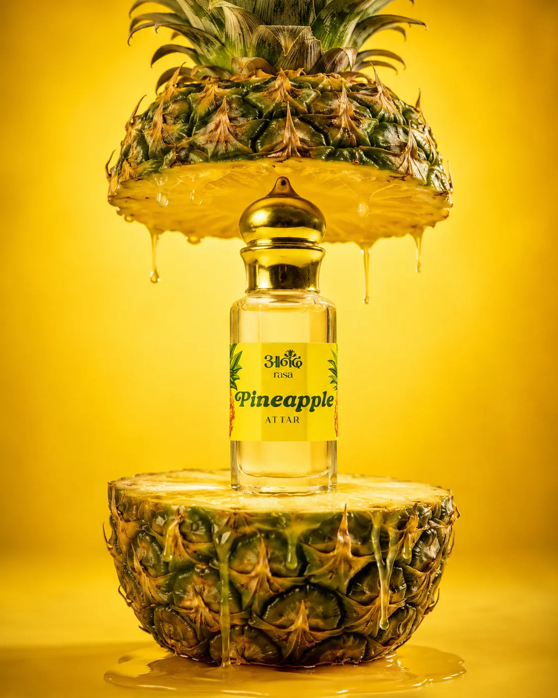 Natural pineapple fragrance attar bottle showcased with ripe pineapple slices